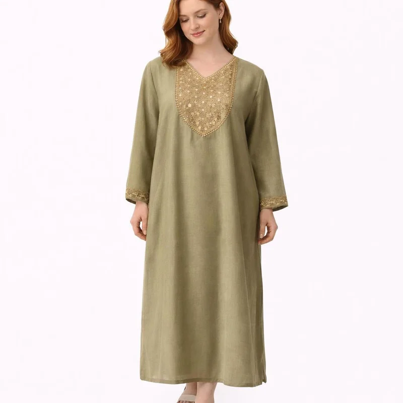 Artemea Golden Olive Festive Kaftan Jalabiya with Golden Embroidered Neckline and cuff